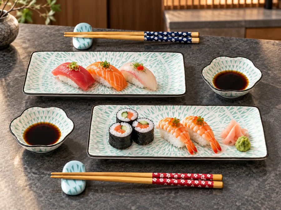 Two rectangular ceramic plates of sushi with matching soy sauce bowls and chopsticks, arranged on a dark stone tabletop.