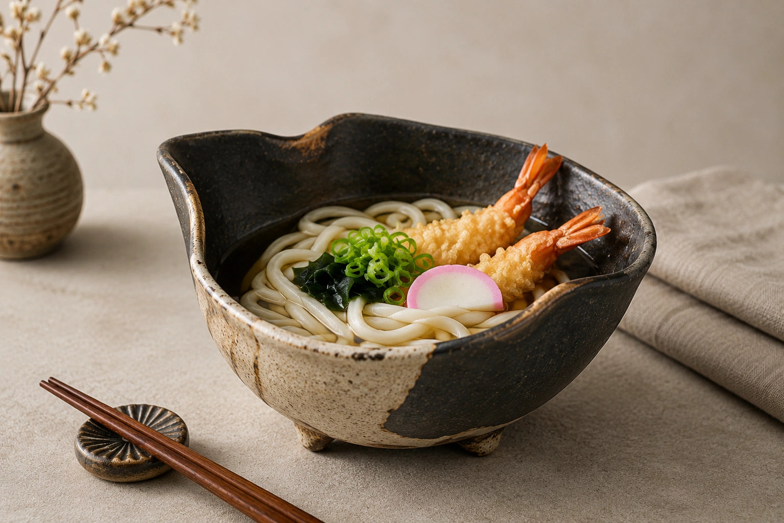Japanese ceramic udon bowl for thick noodles, broth and tempura toppings